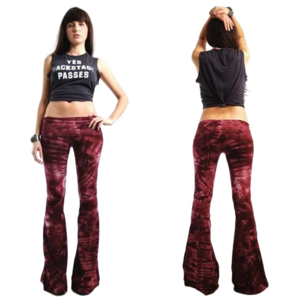 SHORT LENGTH Tie Dye Bell Bottoms - Adjustable Waistband Yoga Flare Pants Flares - Picture 2 of 10